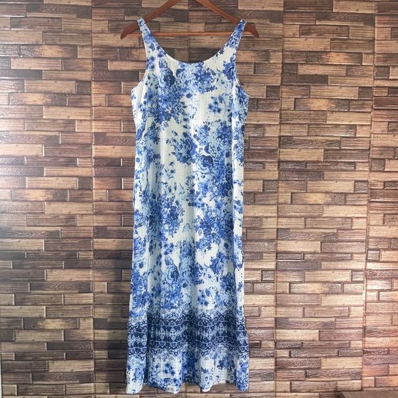 J.Jill Sleeveless White and Blue Floral Toile Lined Maxi Dress Size Small Petite - Picture 2 of 10